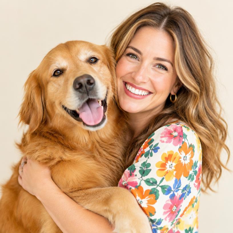 Placeholder photo of a client with her golden retriever