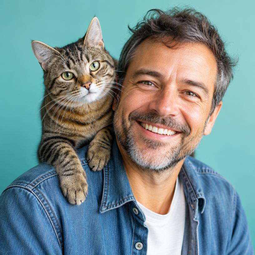 Placeholder photo of a client with his tabby cat