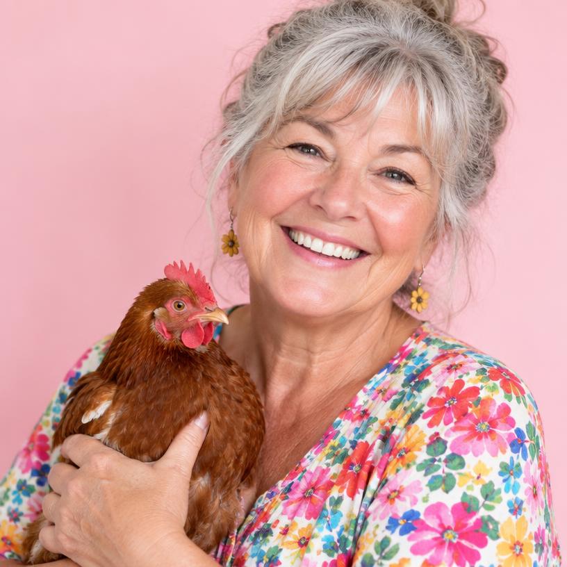 Placeholder photo of a client holding her chicken