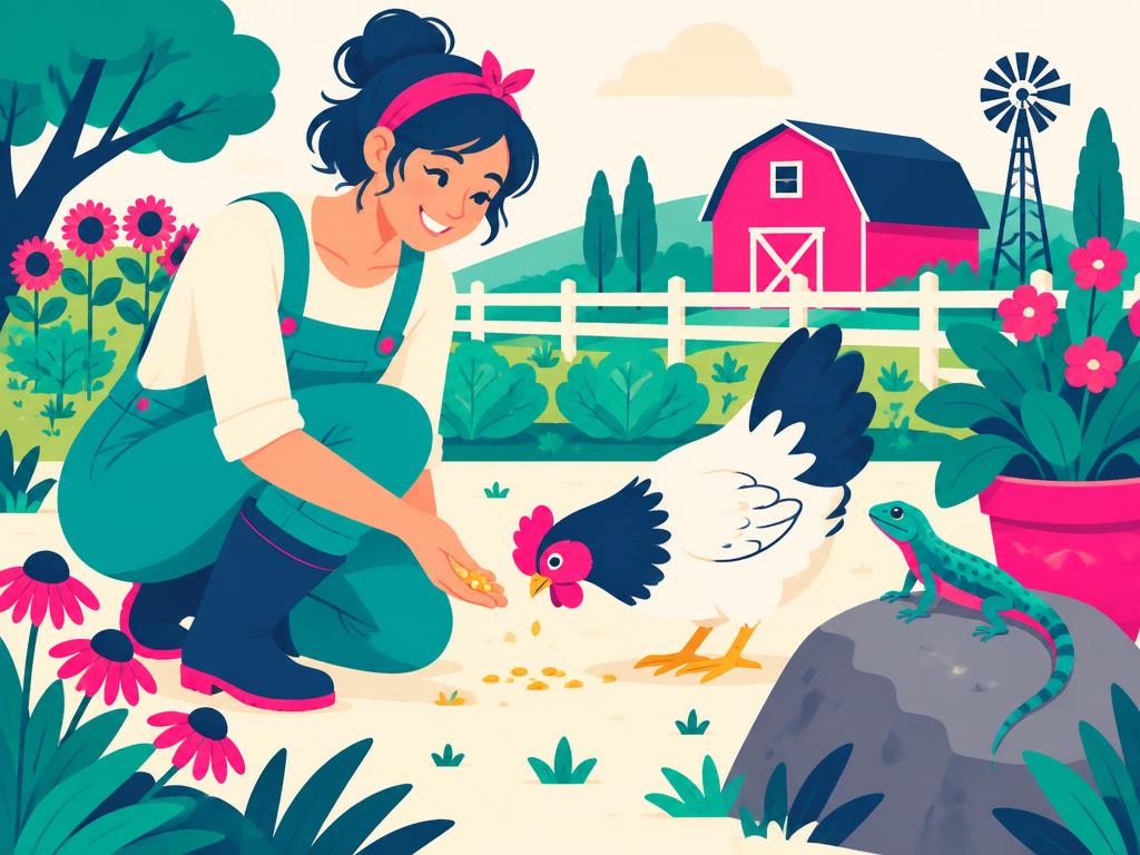 Illustration of Christine feeding a chicken with a lizard nearby on a farm