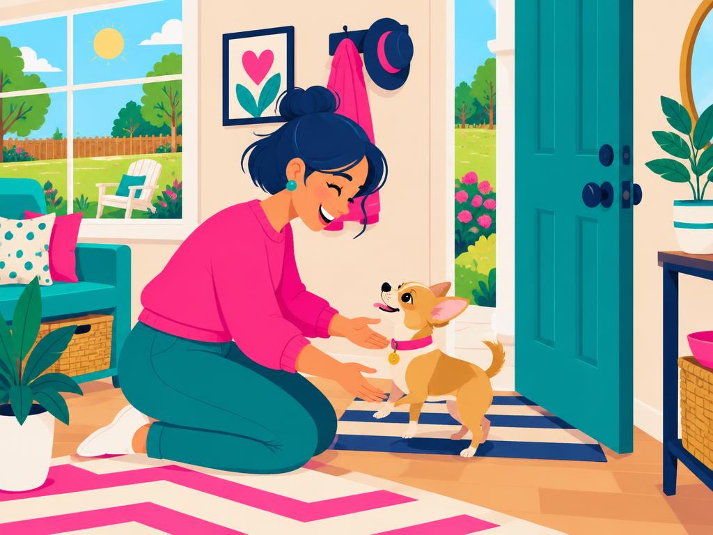 Illustration of Christine greeting a chihuahua at the front door during a drop-in visit