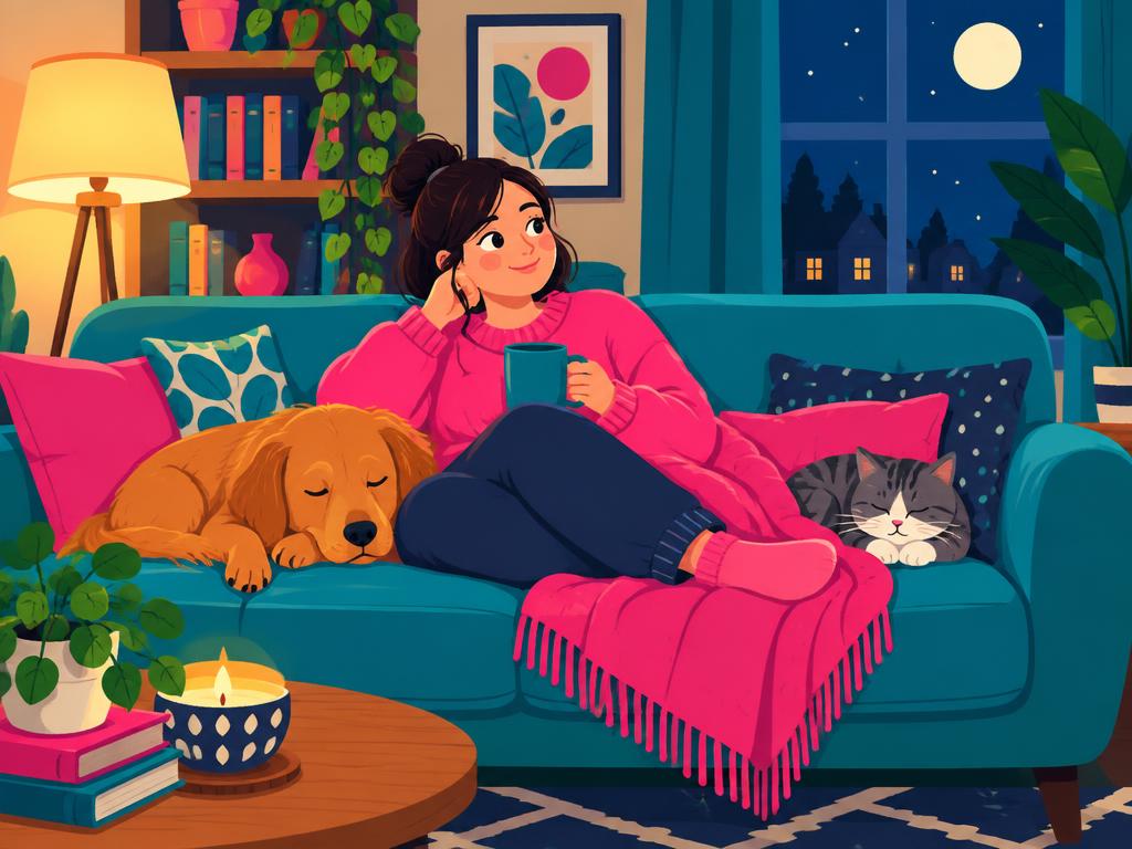 Illustration of Christine relaxing on a couch at night with a sleeping dog and cat