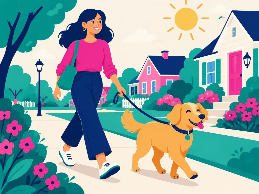 Illustration of Christine walking a happy dog through a sunny neighborhood